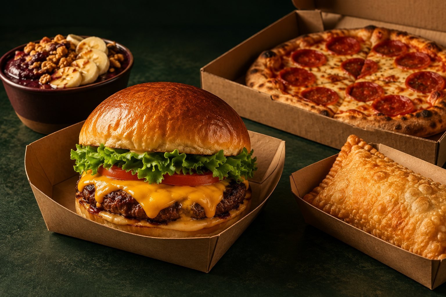 Hambúrguer, pizza, pastel e açaí em uma composição ilustrativa de delivery